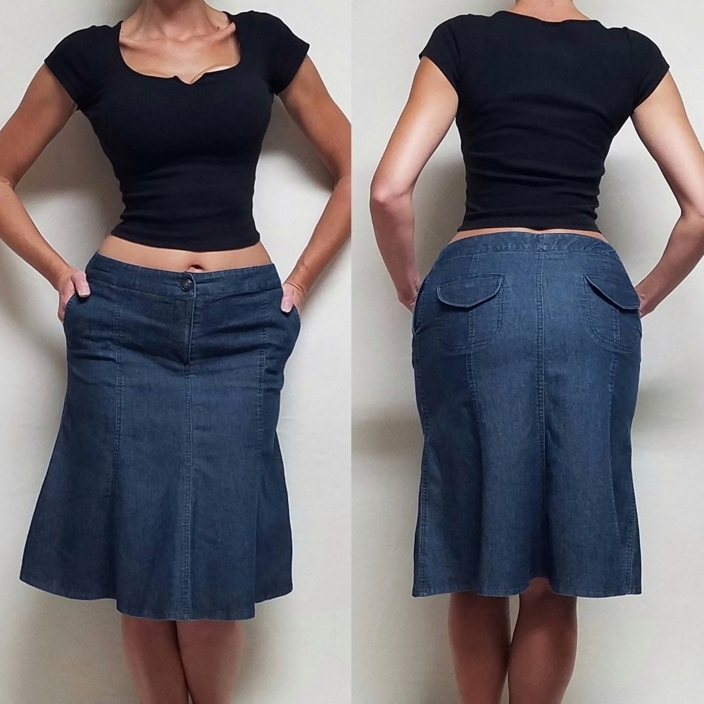 90s Vintage Sandro Stretchy Dark Wash Paneled Mid Rise Fishtail Hem Midi Skirt 8